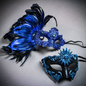 Blue Roman Greek Emperor & Side Feather Lace Couple Masquerade Masks